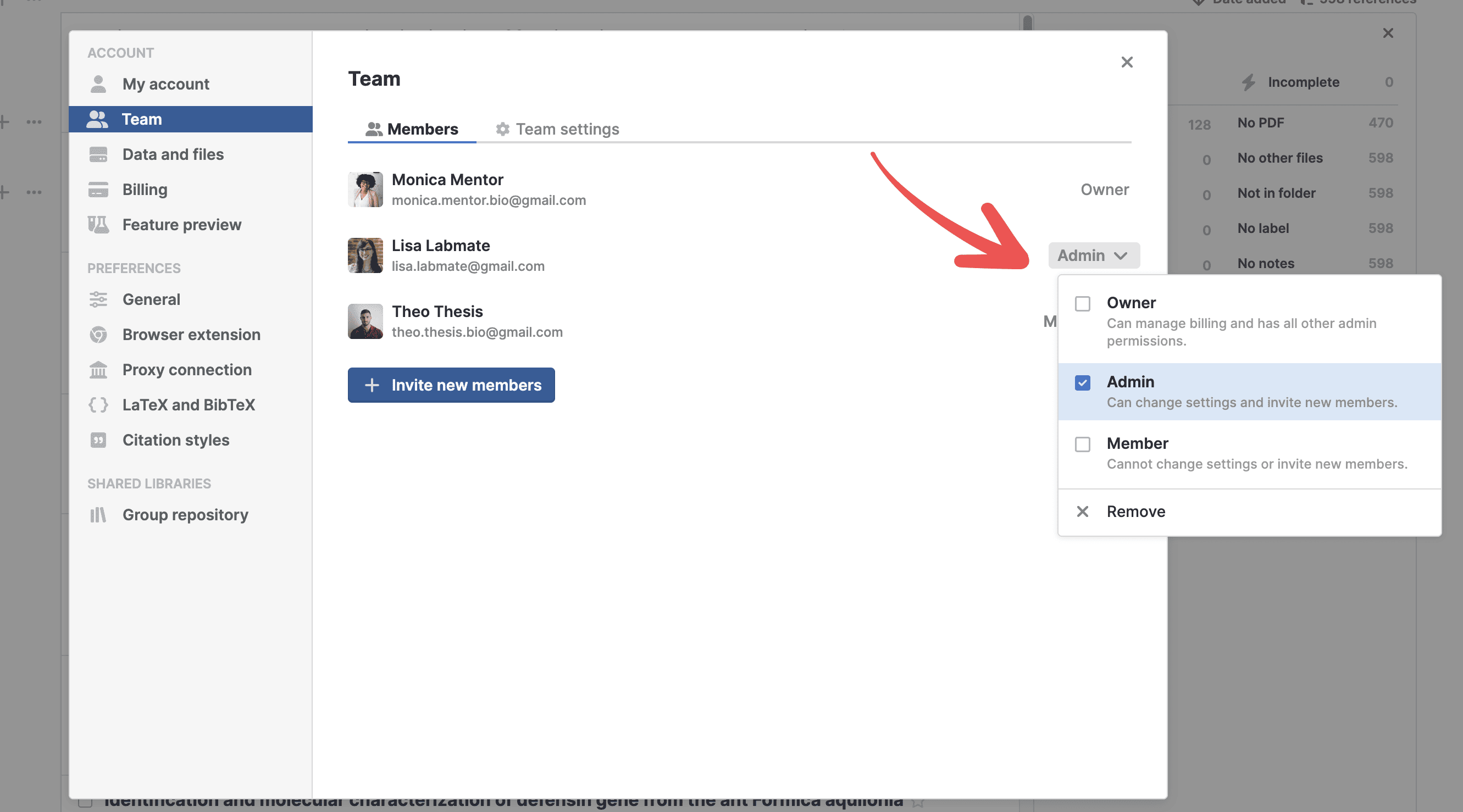 Settings › Team on the Members tab with a red arrow pointing to an open role dropdown listing Owner, a ticked Admin and Member, each with a description, above a Remove option.